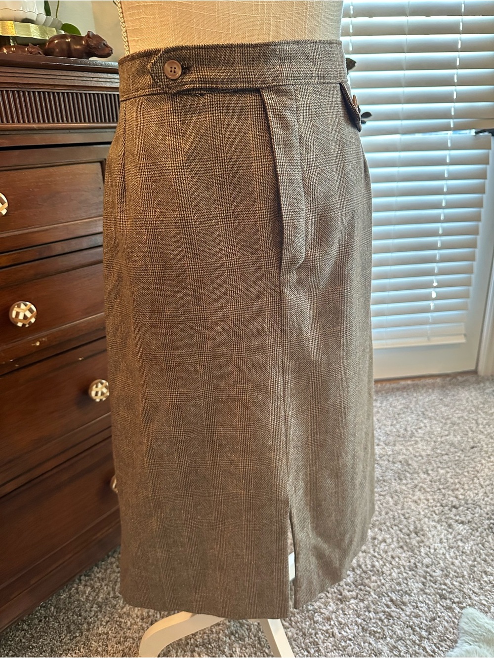 Vintage Classic Brown Plaid Wool-Blend Pencil Skirt